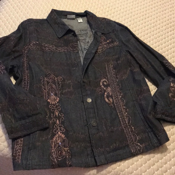 Chico’s jean blazer jacket w/copper embroidery. So much detail. - Picture 9 of 12